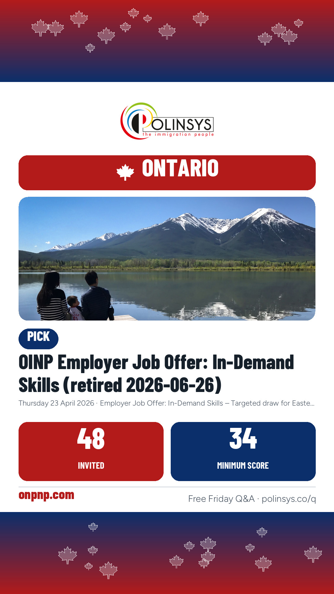 OINP Employer Job Offer: In-Demand Skills (retired 2026-06-26) — 48 invitations, minimum score 34, 23 April 2026