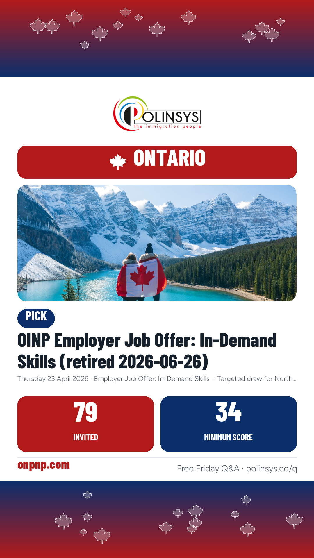 OINP Employer Job Offer: In-Demand Skills (retired 2026-06-26) — 79 invitations, minimum score 34, 23 April 2026