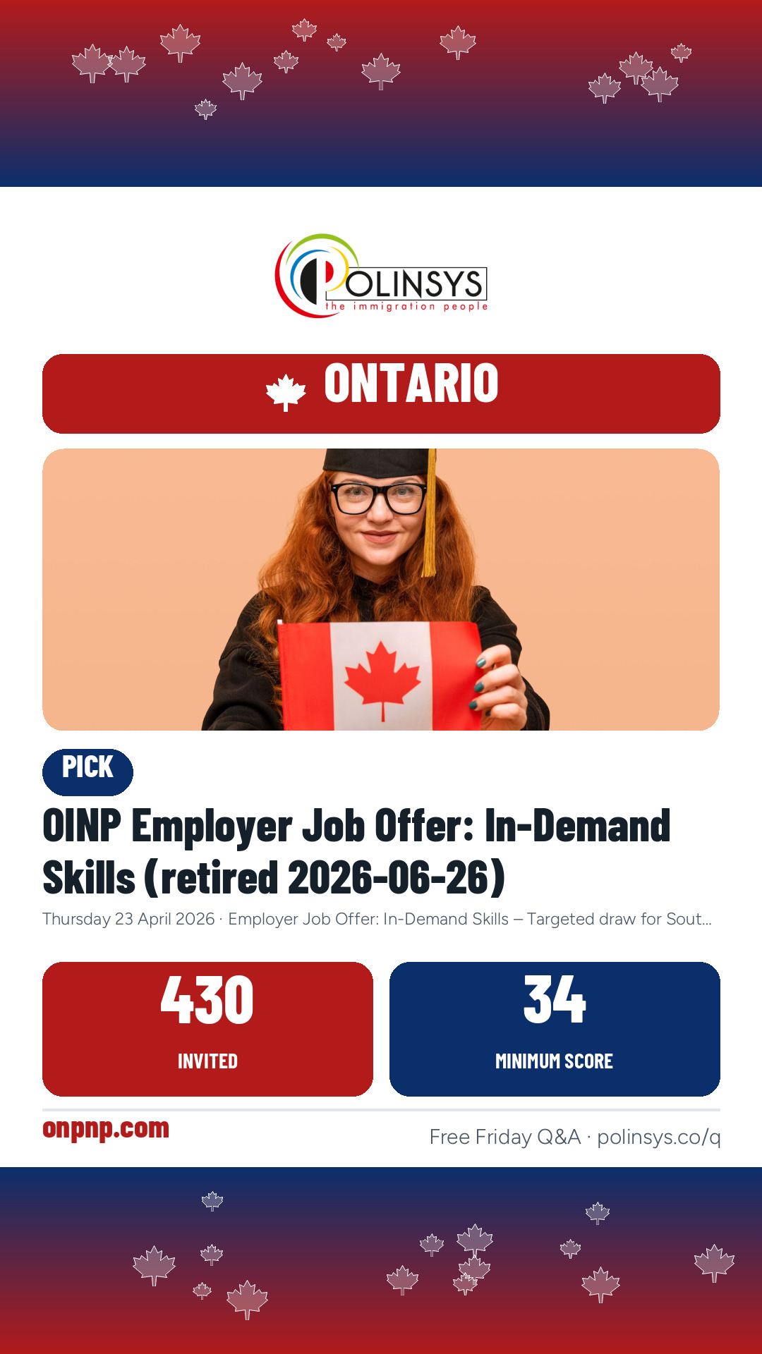 OINP Employer Job Offer: In-Demand Skills (retired 2026-06-26) — 430 invitations, minimum score 34, 23 April 2026