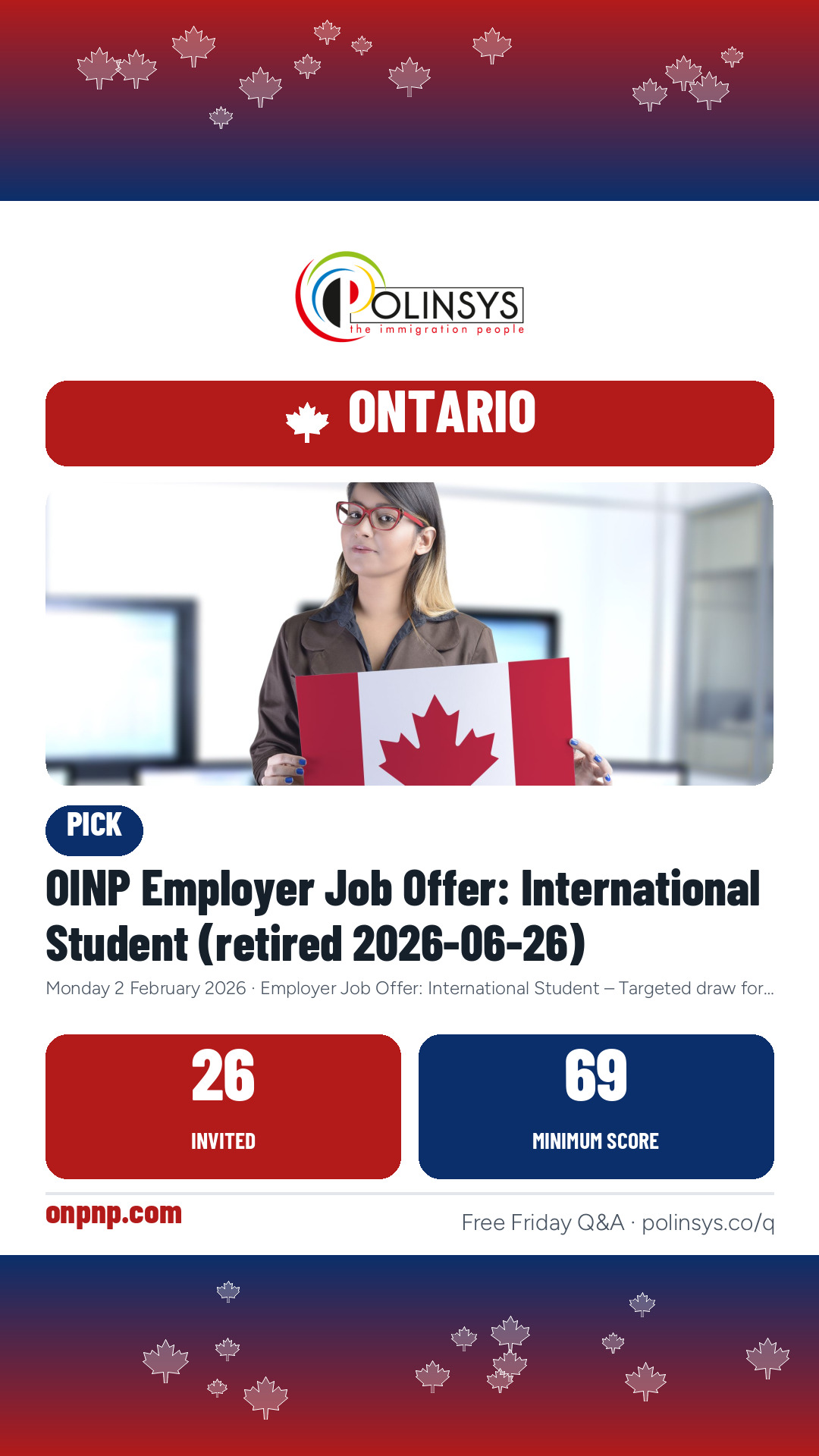 OINP Employer Job Offer: International Student (retired 2026-06-26) — 26 invitations, minimum score 69, 2 February 2026