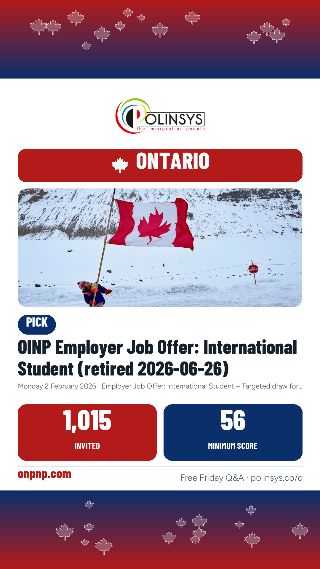 OINP Employer Job Offer: International Student (retired 2026-06-26) — 1,015 invitations, minimum score 56, 2 February 2026