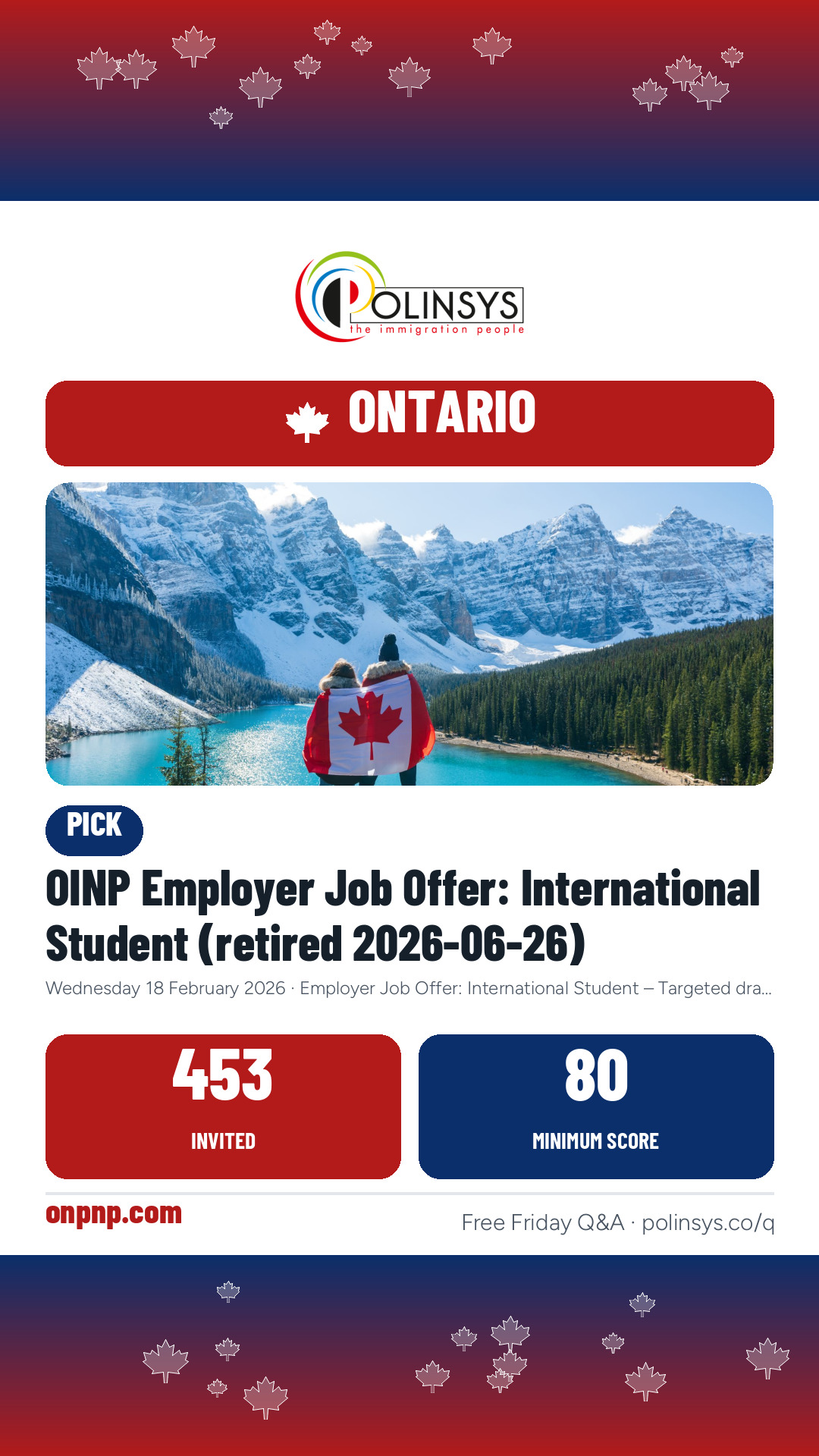 OINP Employer Job Offer: International Student (retired 2026-06-26) — 453 invitations, minimum score 80, 18 February 2026
