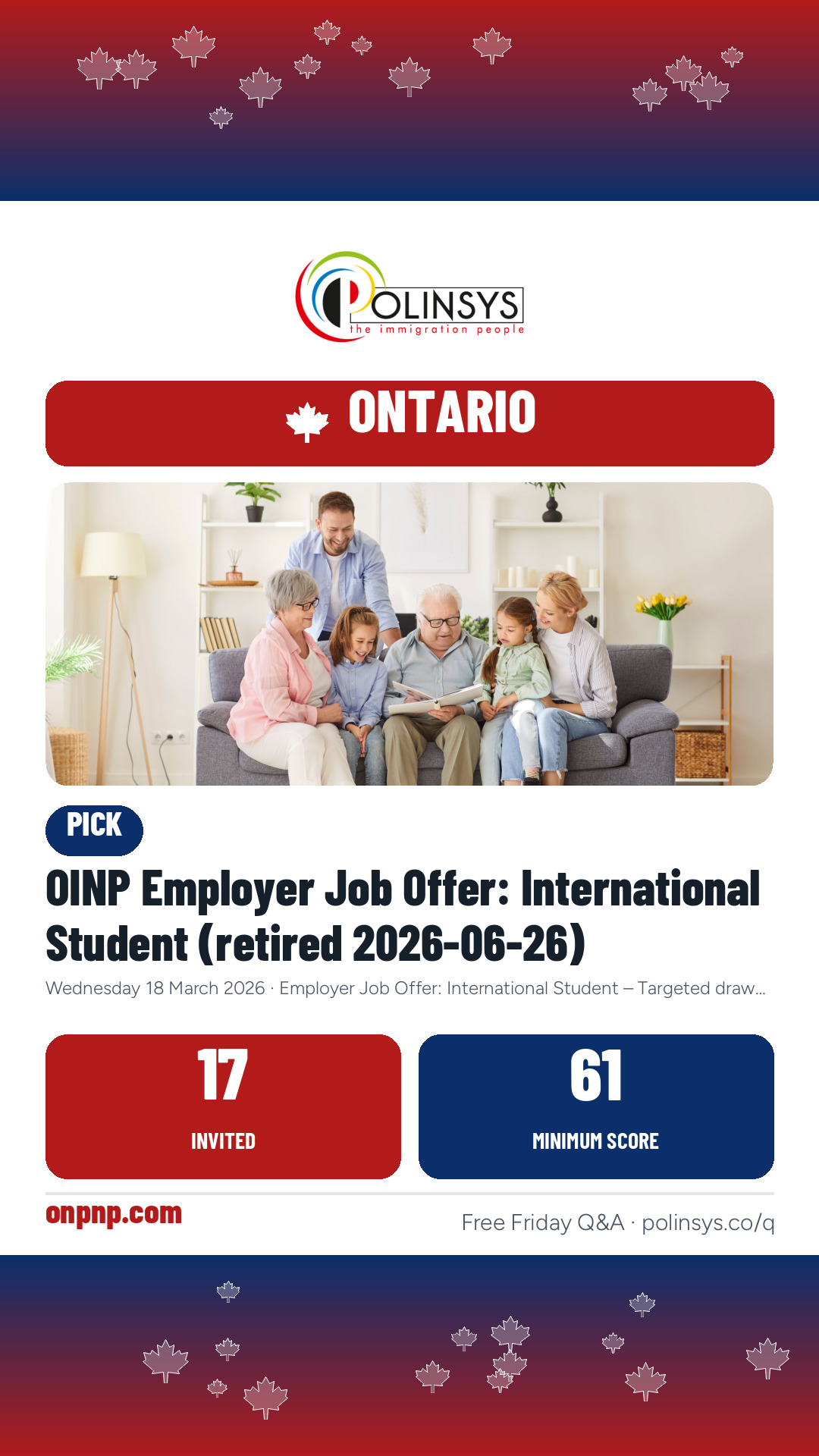 OINP Employer Job Offer: International Student (retired 2026-06-26) — 17 invitations, minimum score 61, 18 March 2026