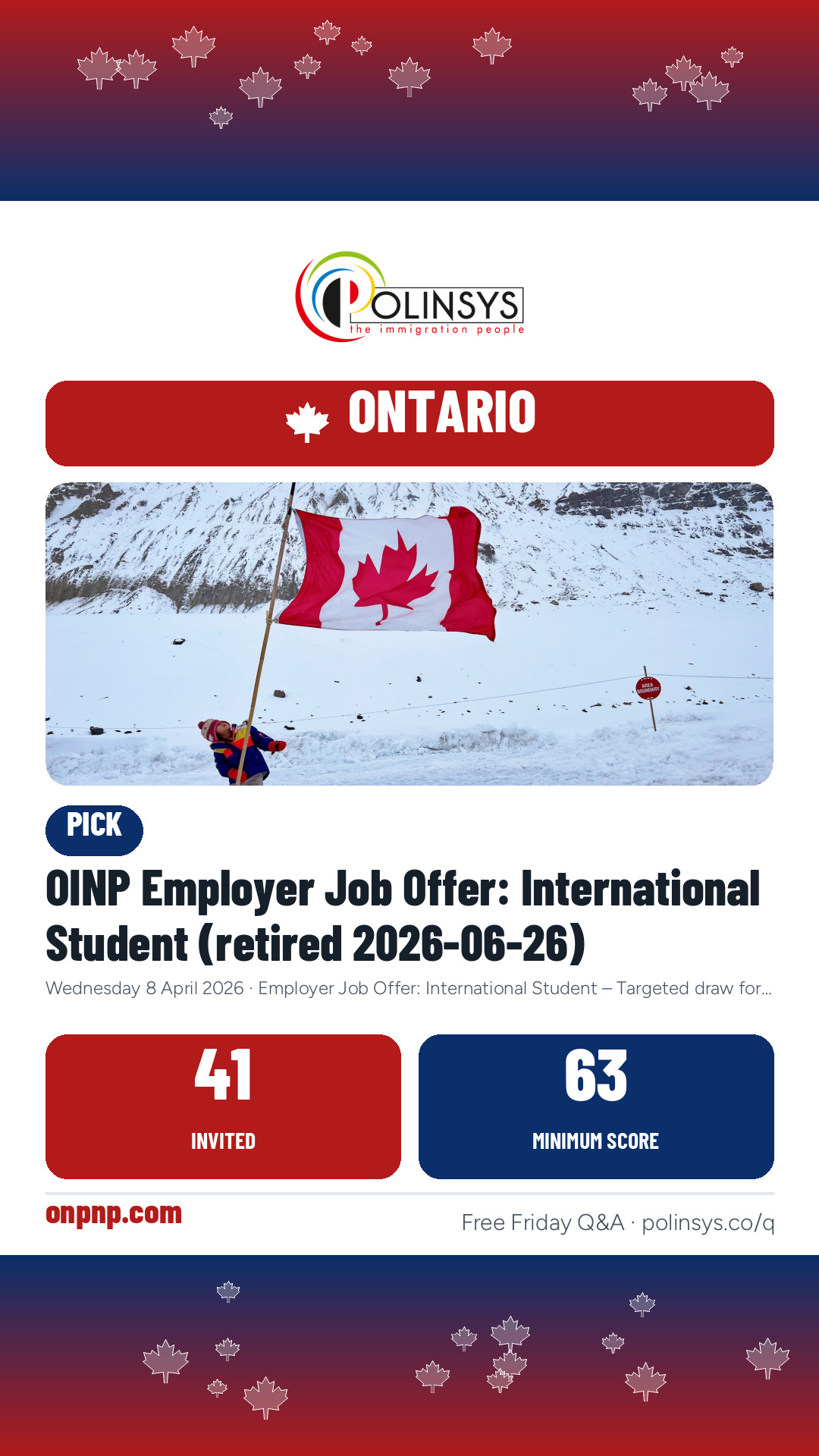 OINP Employer Job Offer: International Student (retired 2026-06-26) — 41 invitations, minimum score 63, 8 April 2026
