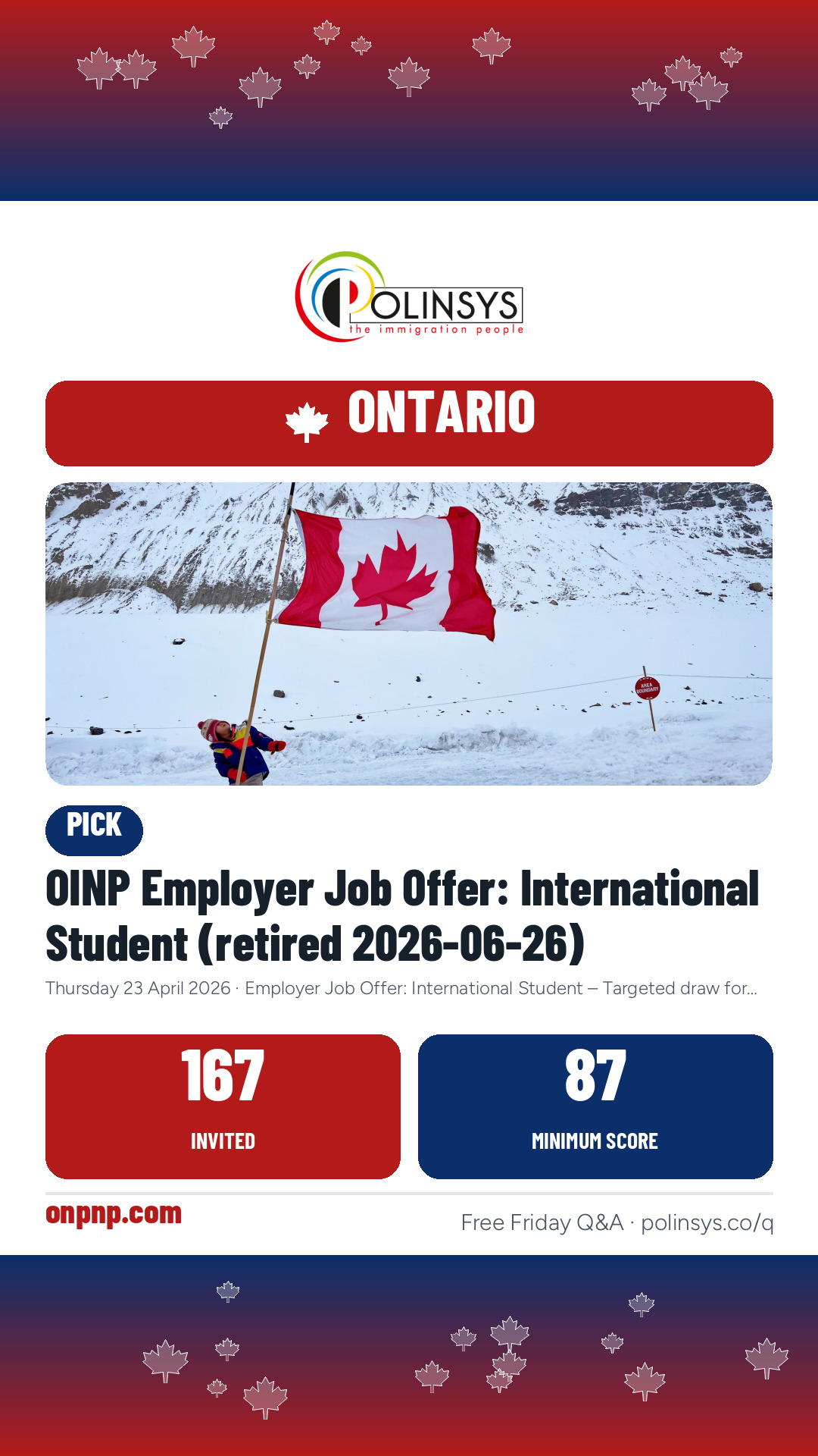 OINP Employer Job Offer: International Student (retired 2026-06-26) — 167 invitations, minimum score 87, 23 April 2026