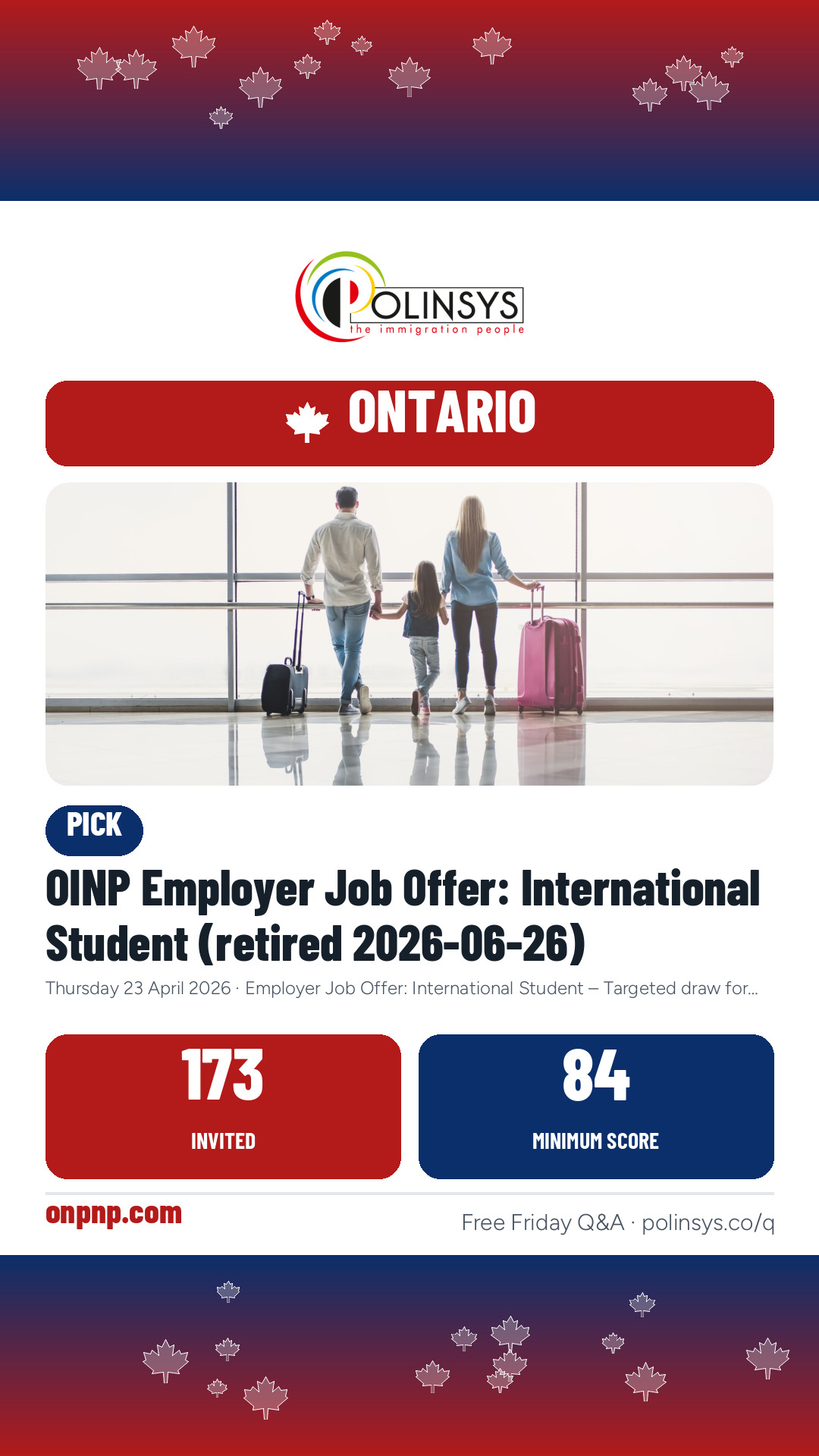 OINP Employer Job Offer: International Student (retired 2026-06-26) — 173 invitations, minimum score 84, 23 April 2026