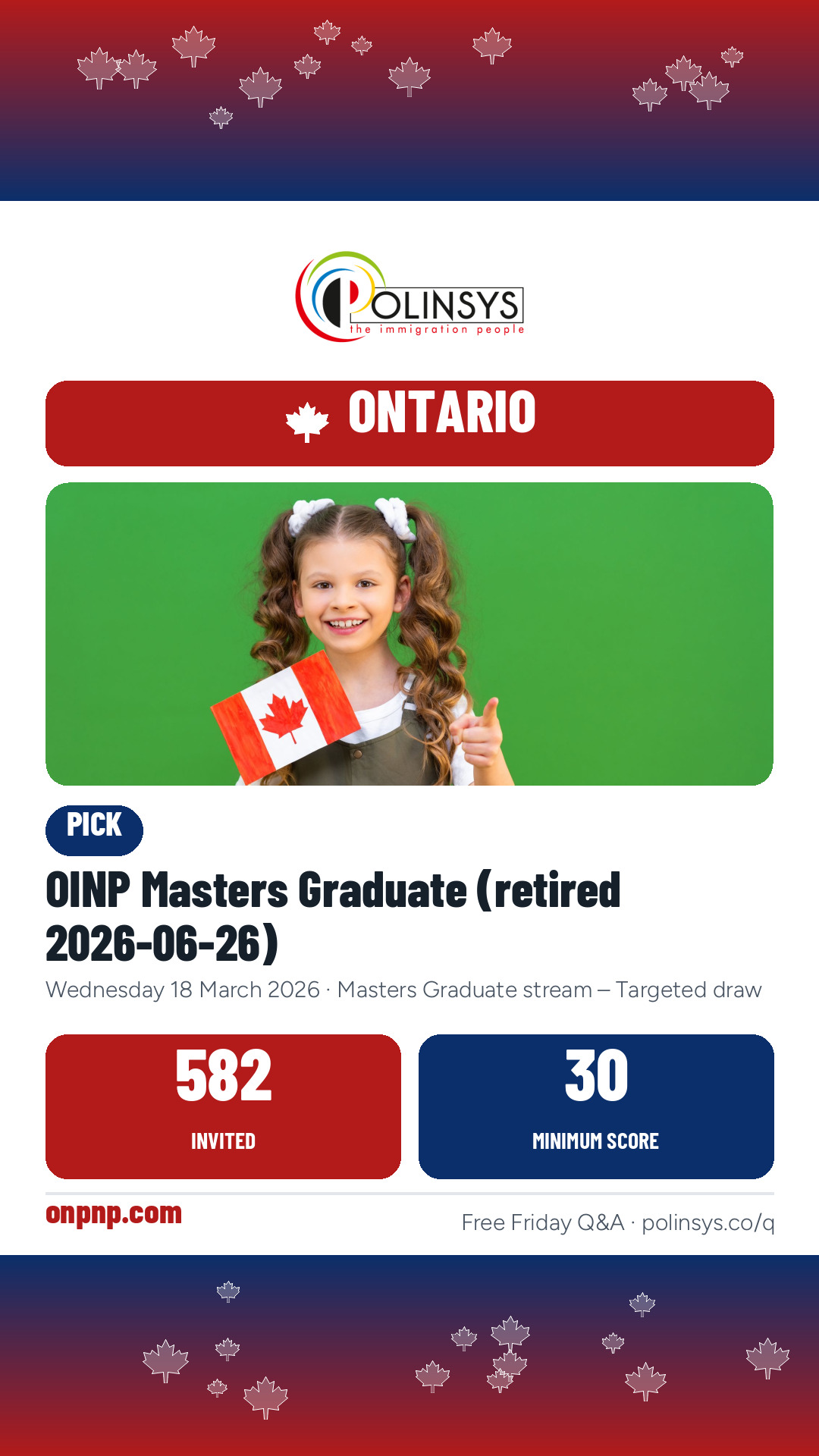 OINP Masters Graduate (retired 2026-06-26) — 582 invitations, minimum score 30, 18 March 2026