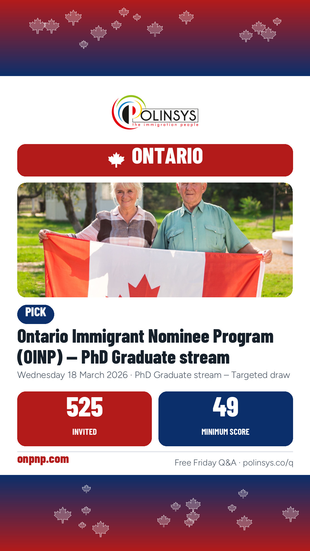 Ontario Immigrant Nominee Program (OINP) — PhD Graduate stream — 525 invitations, minimum score 49, 18 March 2026